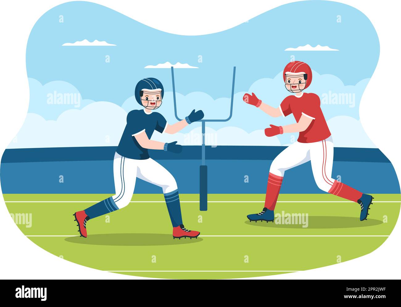 American Football Sports Player with the Game verwendet einen ovalen Ball und ist auf dem Feld von Hand gezeichnete Cartoon-flache Illustration braun Stock Vektor