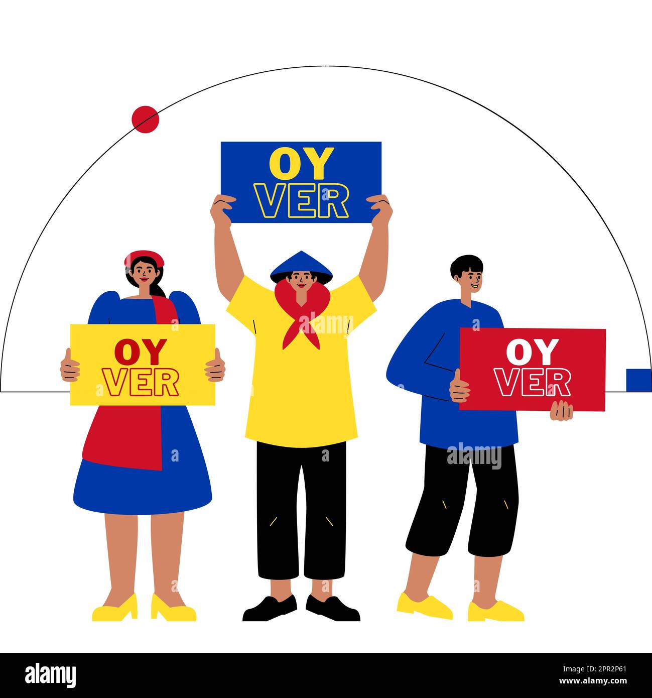 İllustration, zwei Männer und eine Frau, die Schilder mit der Inschrift "vote" in Türkisch halten. Türkiye 2023 Parlaments- und Präsidentschaftswahlen Stockfoto