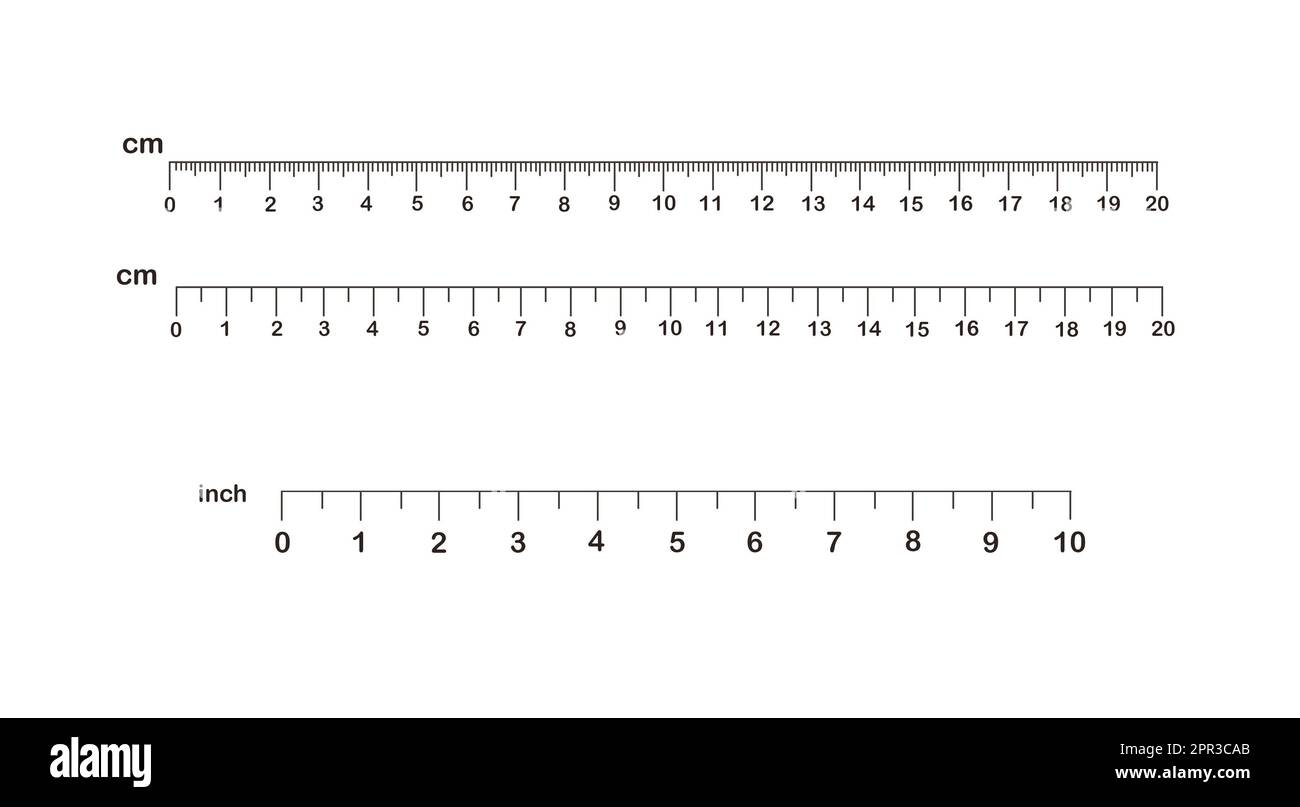 Längenmarkierungen in Zentimetern und Zoll von Linealen auf weißem Hintergrund messen. Illustration Stockfoto
