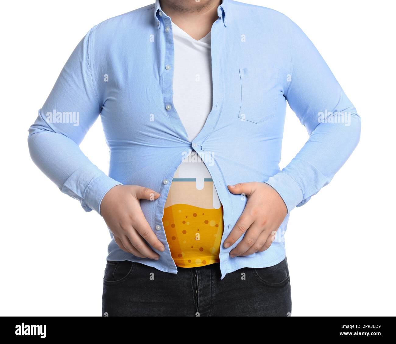 Bierbauch-Problem. Übergewichtiger Mann mit weißem Hintergrund, Nahaufnahme Stockfoto