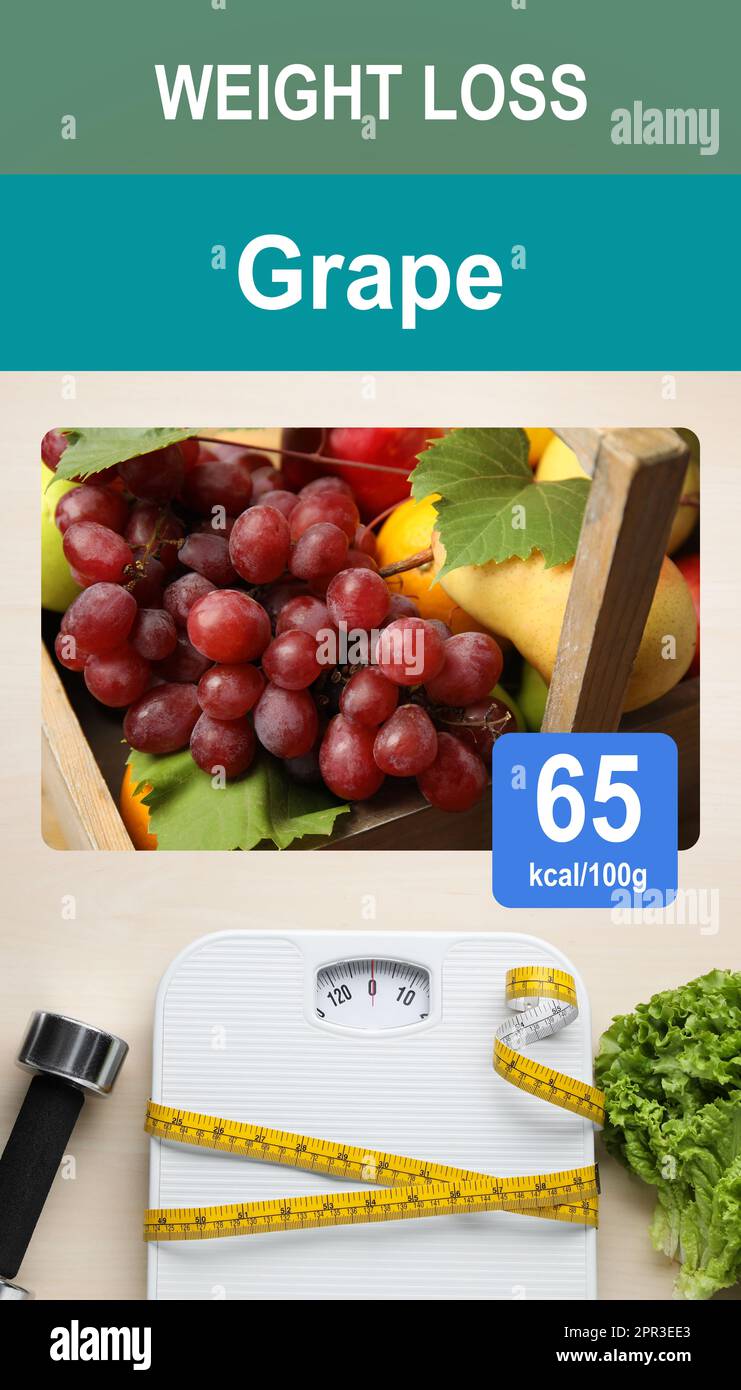 Gewichtsverlust-Konzept. Kalorienrechner-App mit Bild von frischen, reifen Trauben und ihrem Kaloriengehalt Stockfoto