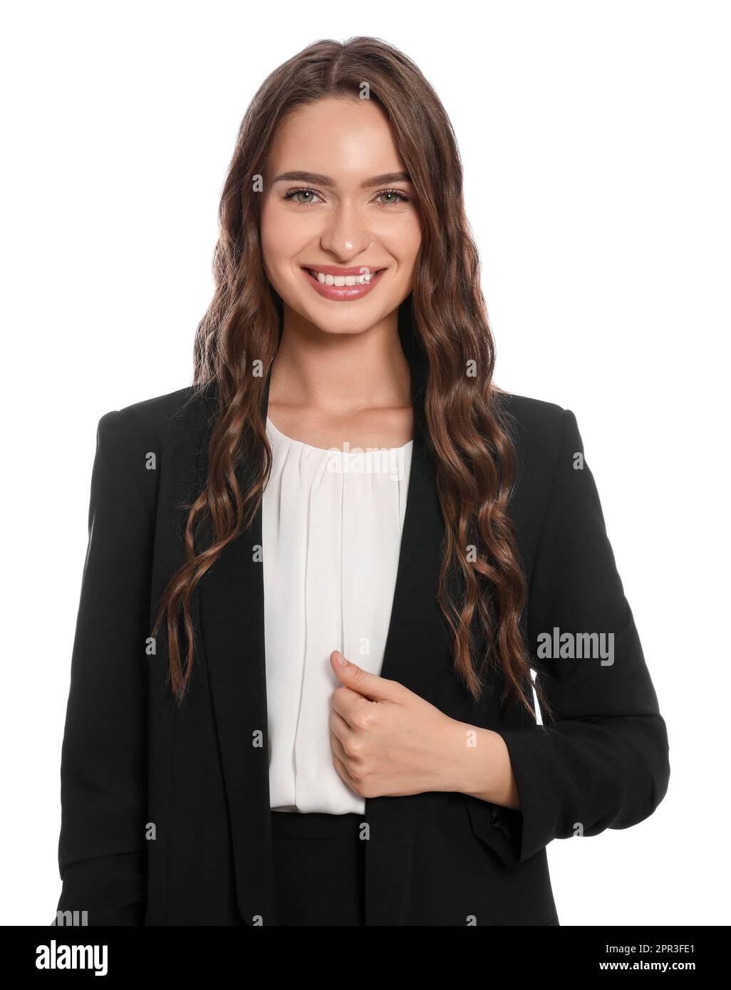 Porträt einer Hostess in Uniform auf weißem Hintergrund Stockfoto