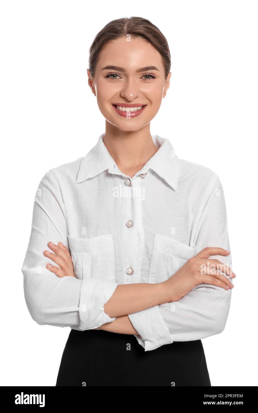 Porträt einer Hostess in Uniform auf weißem Hintergrund Stockfoto