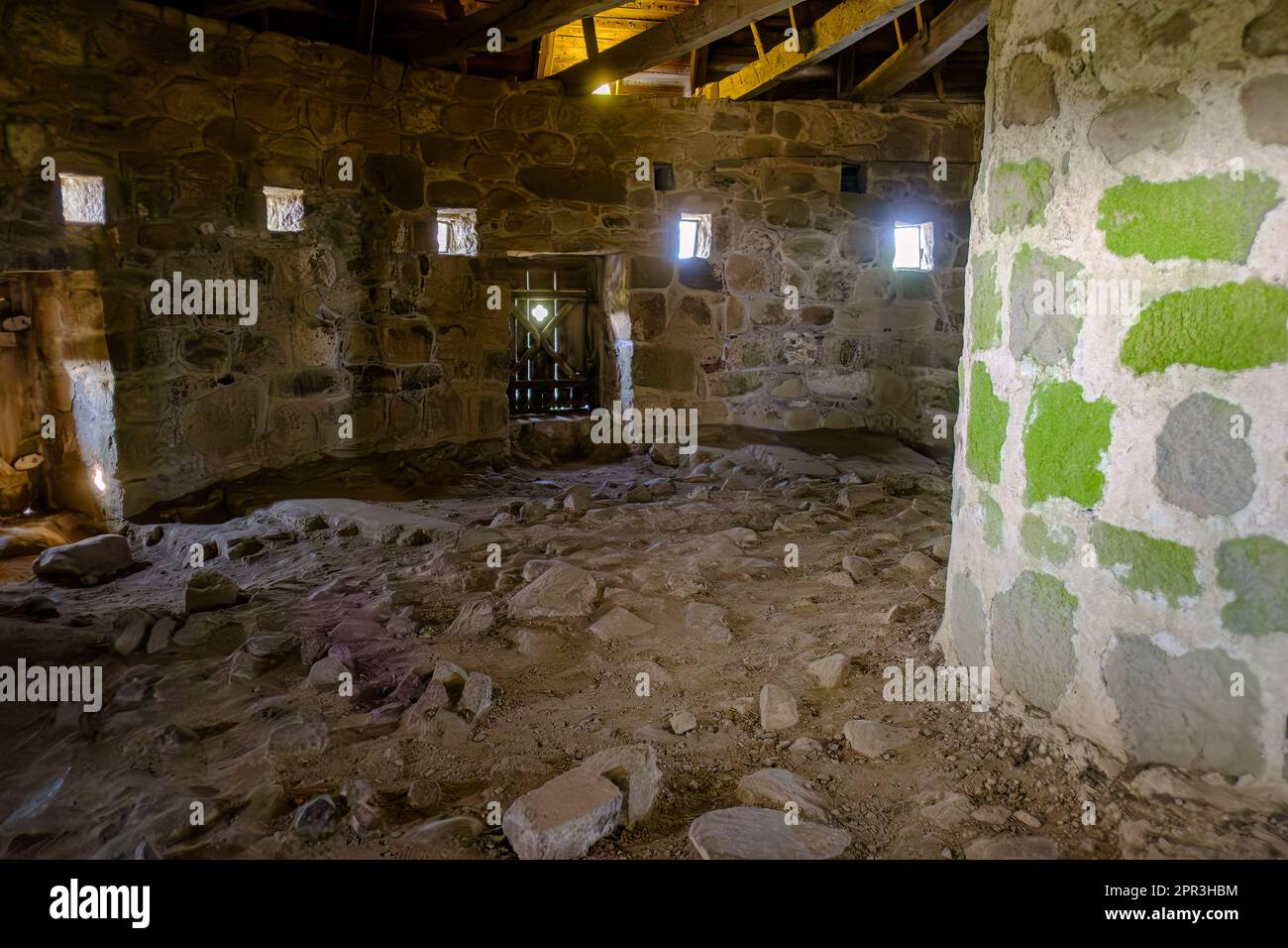 Die dritte Etage der Sankt OLS Kirke, die englische Sankt Olaf Kirche, im Dorf Olsker, Gemeinde Allinge, Insel Bornholm, Dänemark, Skandinavien. Stockfoto