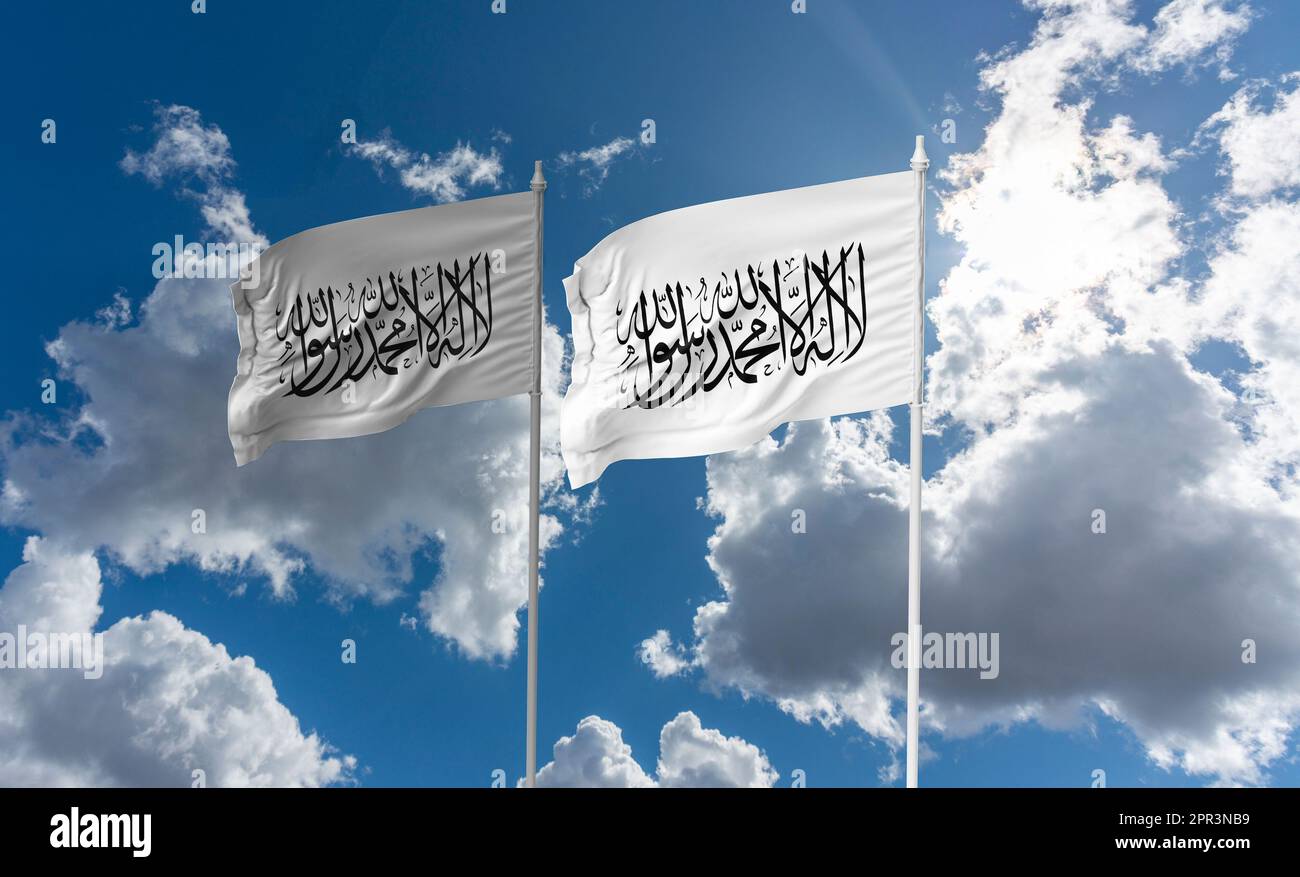 Flagge der Taliban. Afghanische Flagge, Afghanistan in der Macht der Taliban. Die Aufschrift „Shahada“ steht auf der weißen Flagge.al-Qaida Stockfoto