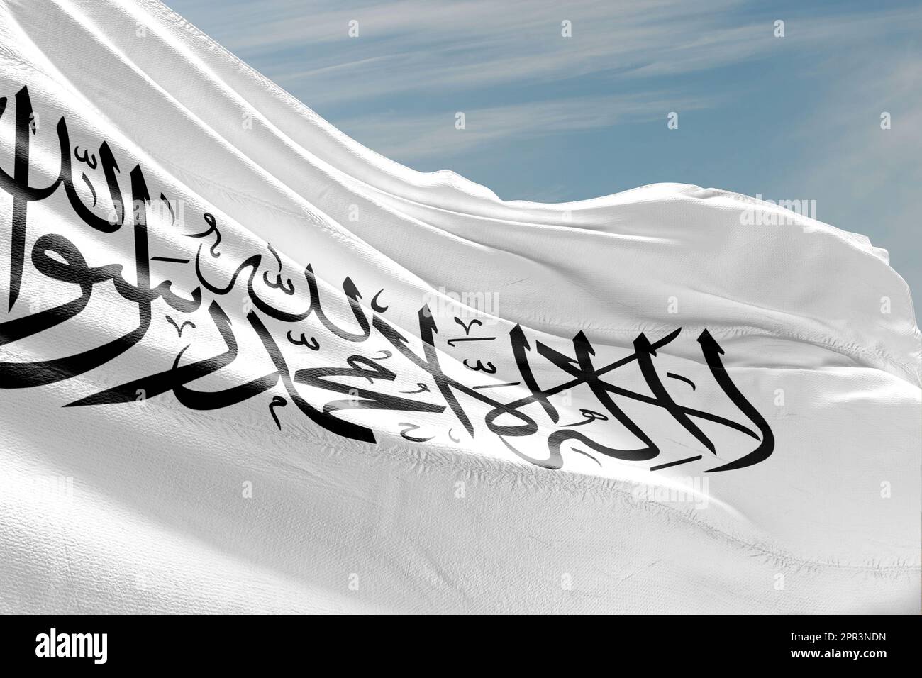 Flagge der Taliban. Afghanische Flagge, Afghanistan in der Macht der Taliban. Die Aufschrift „Shahada“ steht auf der weißen Flagge.al-Qaida Stockfoto