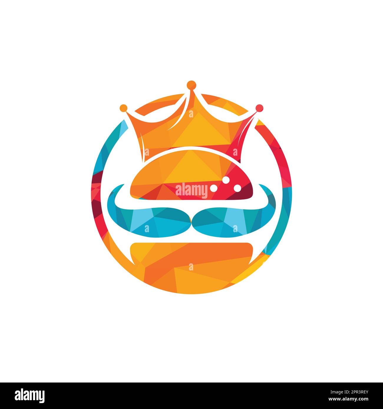 Burger King Vektor-Logo-Design. Burger mit Krone und Schnurrbart Icon-Logo. Stock Vektor