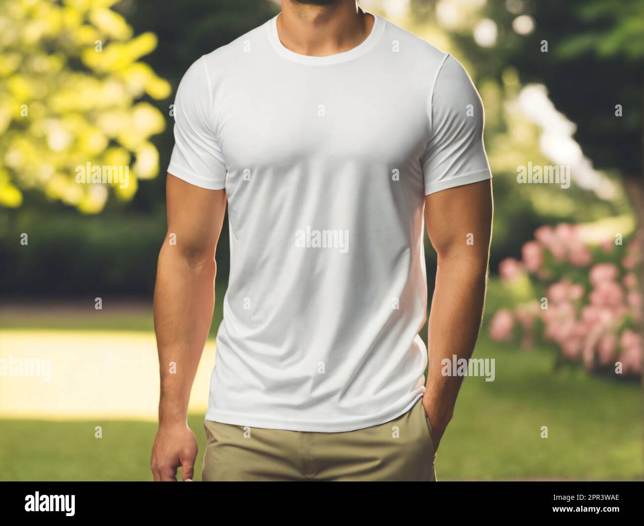 Sportlicher Mann mit weißem T-Shirt im grünen Gartenhintergrund. Vorlage oder Modell für Bekleidungsdesign Stockfoto