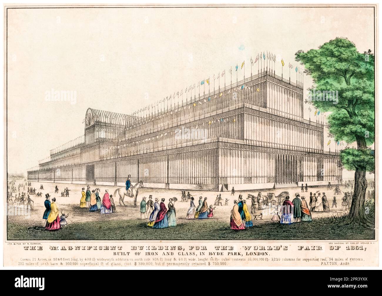 Außenansicht des Crystal Palace, erbaut für die Great Exhibition 1851 in Hyde Park, London, England, Lithografiedruck von Nathaniel Currier, 1835-1856 Stockfoto