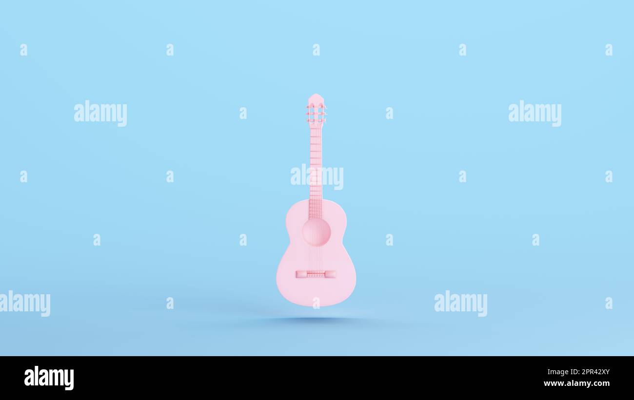 Pink Acoustic Guitar Musical Instrument Classic Harmonics Hobby Music Strings Kitsch Blue Background 3D Illustration Rendering digital Stockfoto