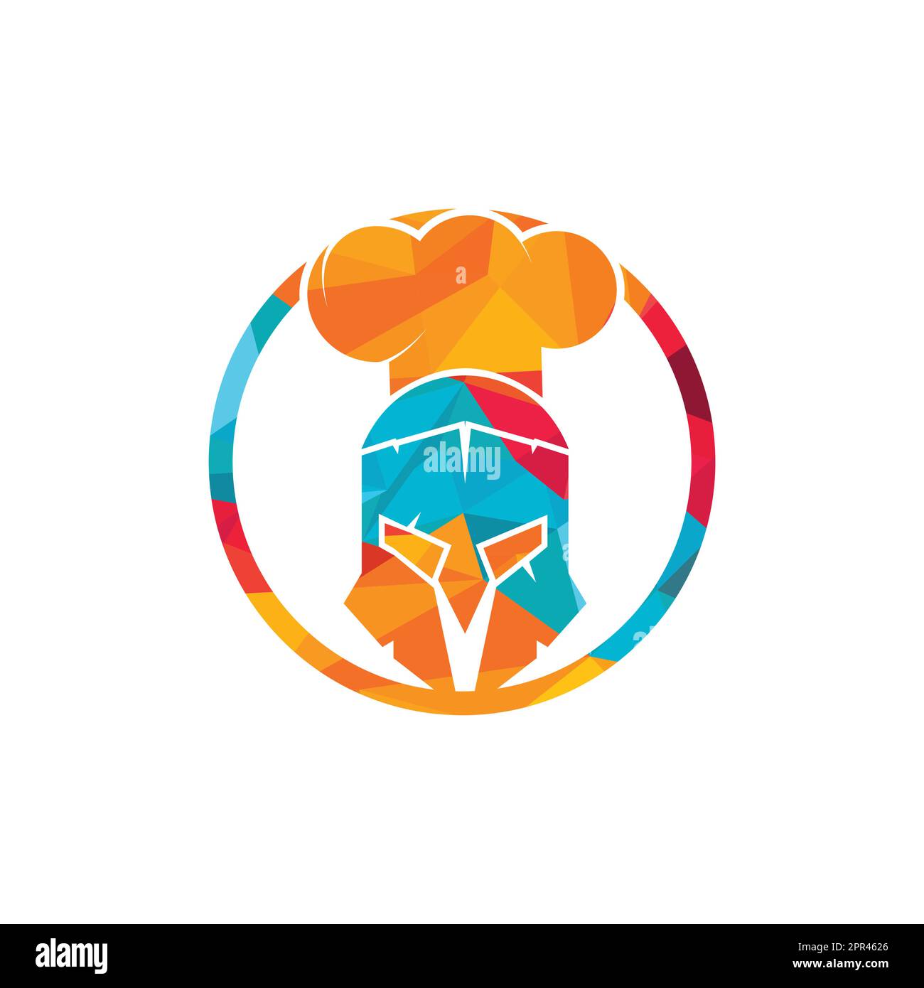 Designvorlage für das Vektorlogo des Spartanischen Küchenchefs. Minimales Logo des Chefkämpfers mit Darstellung des Chefhut-Vektors. Stock Vektor