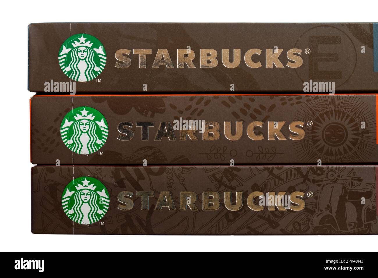 Starbucks Logo auf Kartons mit Starbucks Kaffeekapseln von Nespresso Stockfoto