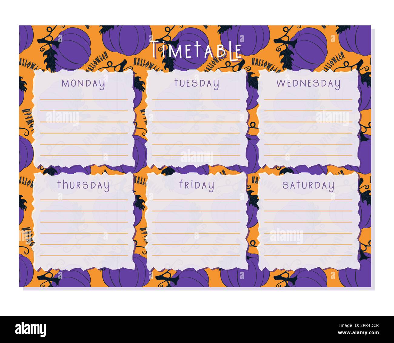 Zeitplan Halloween-Kürbis-Muster, Stundenplan, Wochenkalender. Informationsvorlage für den Organisator. Leerer Schulplan, Planungstabellen. Stock Vektor