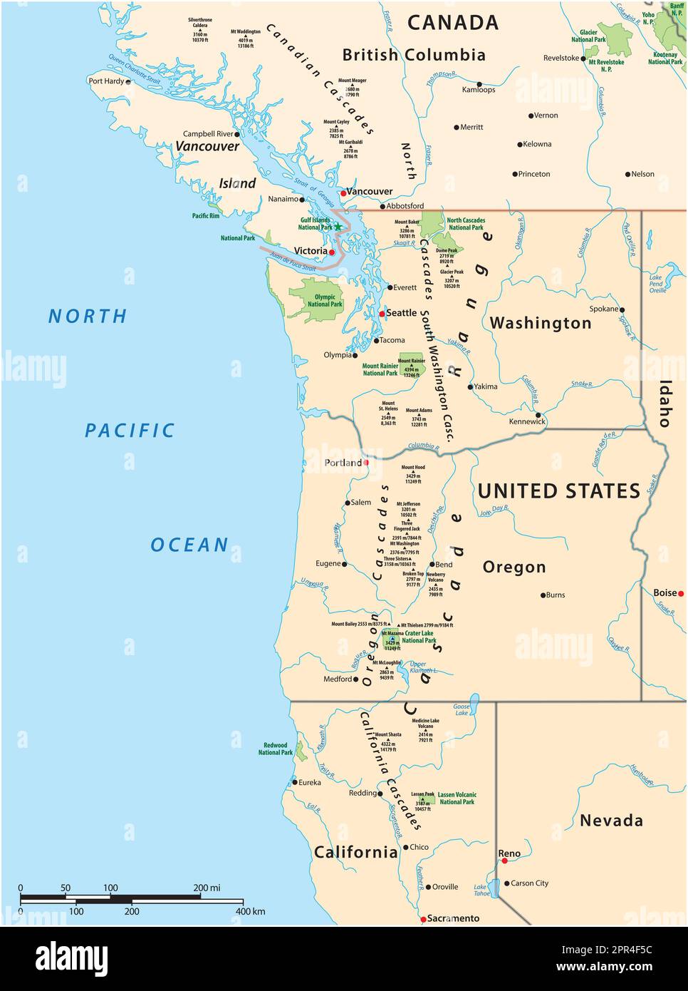 Karte der Cascade Range, einer vulkanischen Bergkette, die parallel zur Westküste Nordamerikas verläuft Stock Vektor