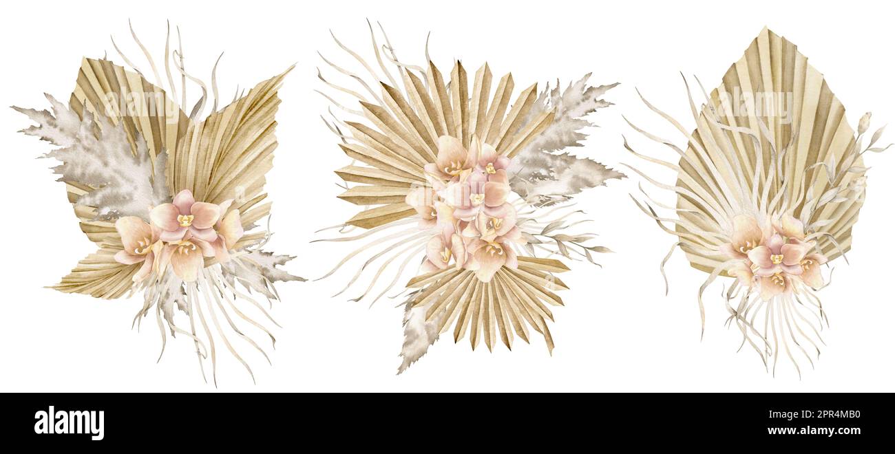 Boho Flowers. Handgezeichnete Aquarelle mit Blumenmotiven mit getrockneten Palmenblättern und Orchideen auf isoliertem Hintergrund im Künstlerstil. Tropische Bouquets für Grußkarten oder Hochzeitseinladungen Stockfoto