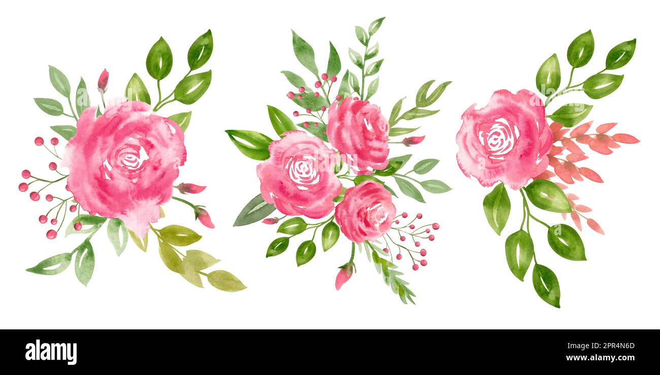 Aquarelle Rosenblumen. Handgezeichneter Blumenstrauß mit grünen Blättern auf isoliertem Hintergrund. Botanische Illustration für Grußkarten oder Hochzeitseinladungen. Federzusammensetzung. Stockfoto