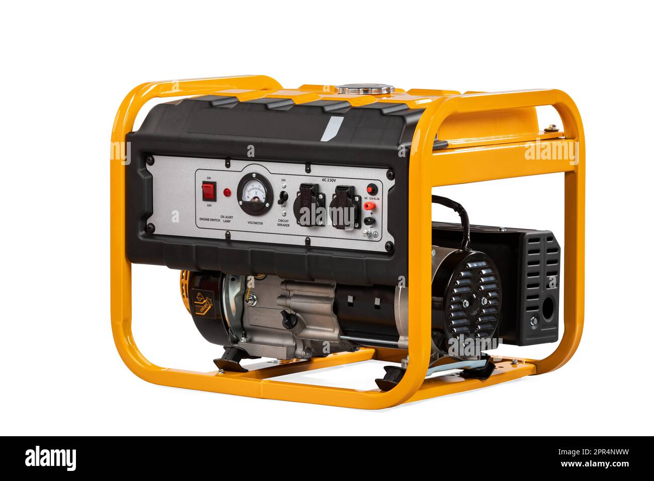 Tragbarer, gelber elektrischer Generator, isoliert auf weiß, für Reserveenergie Stockfoto