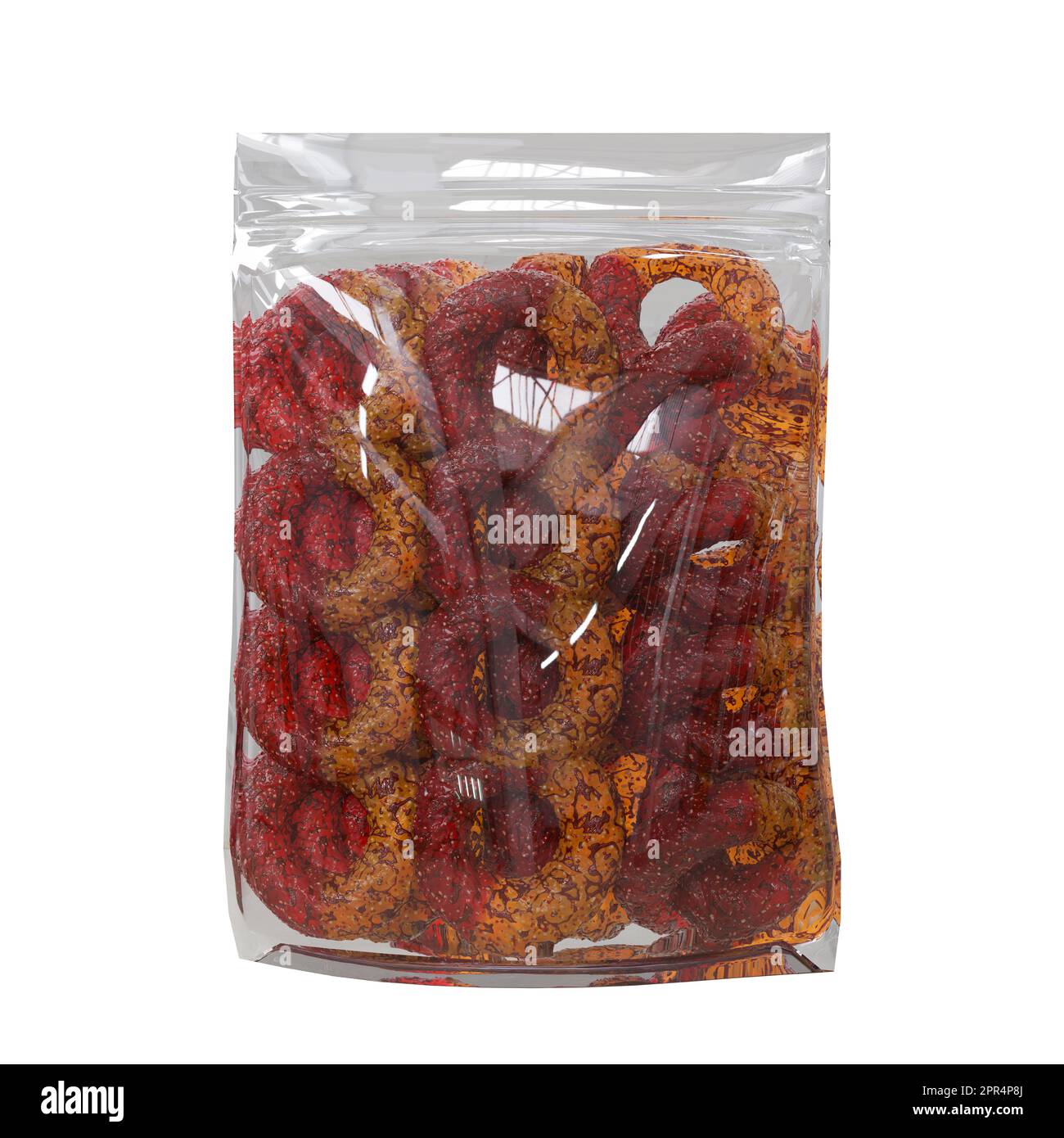 Spicy-Chili Chamoy Pfirsichringe in Tasche isoliert auf weißem Hintergrund, hochwertige Details, 3D-Rendering Stockfoto