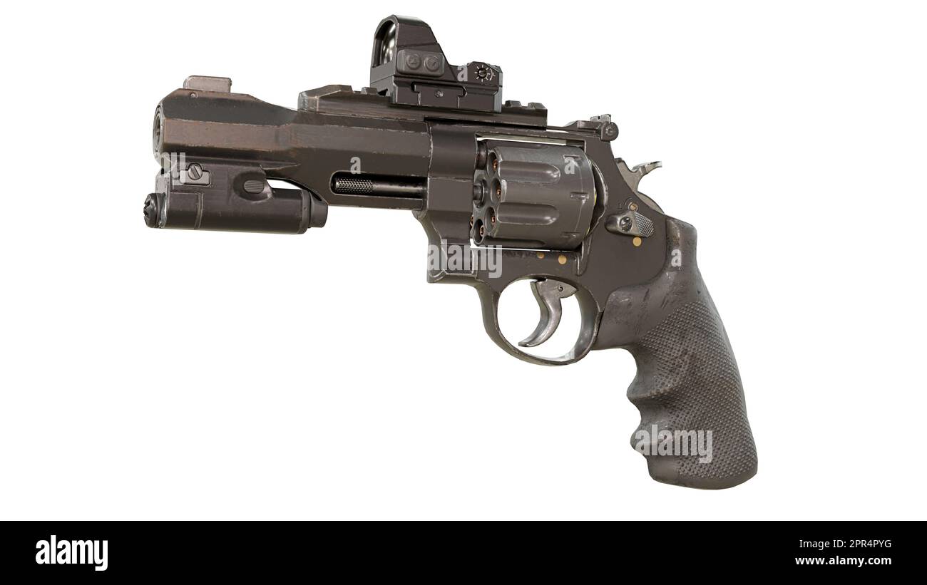 Pistolenrevolver isoliert auf weißem Hintergrund, hochwertige Details - 3D-Rendering Stockfoto