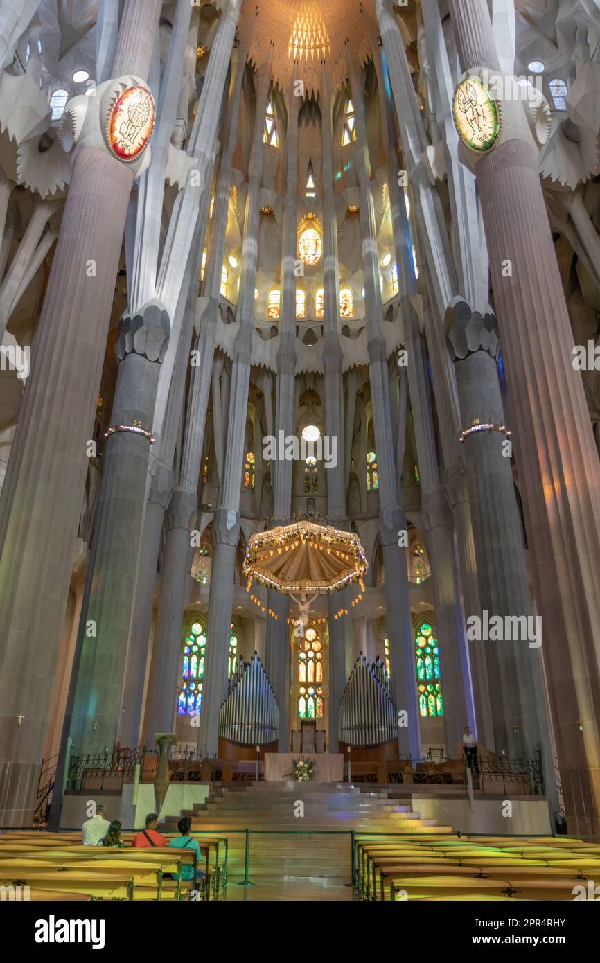 Altar, Orgel und Säulen der Apse - Innenraum der Sagrada Familia, Barcelona, Spanien Stockfoto