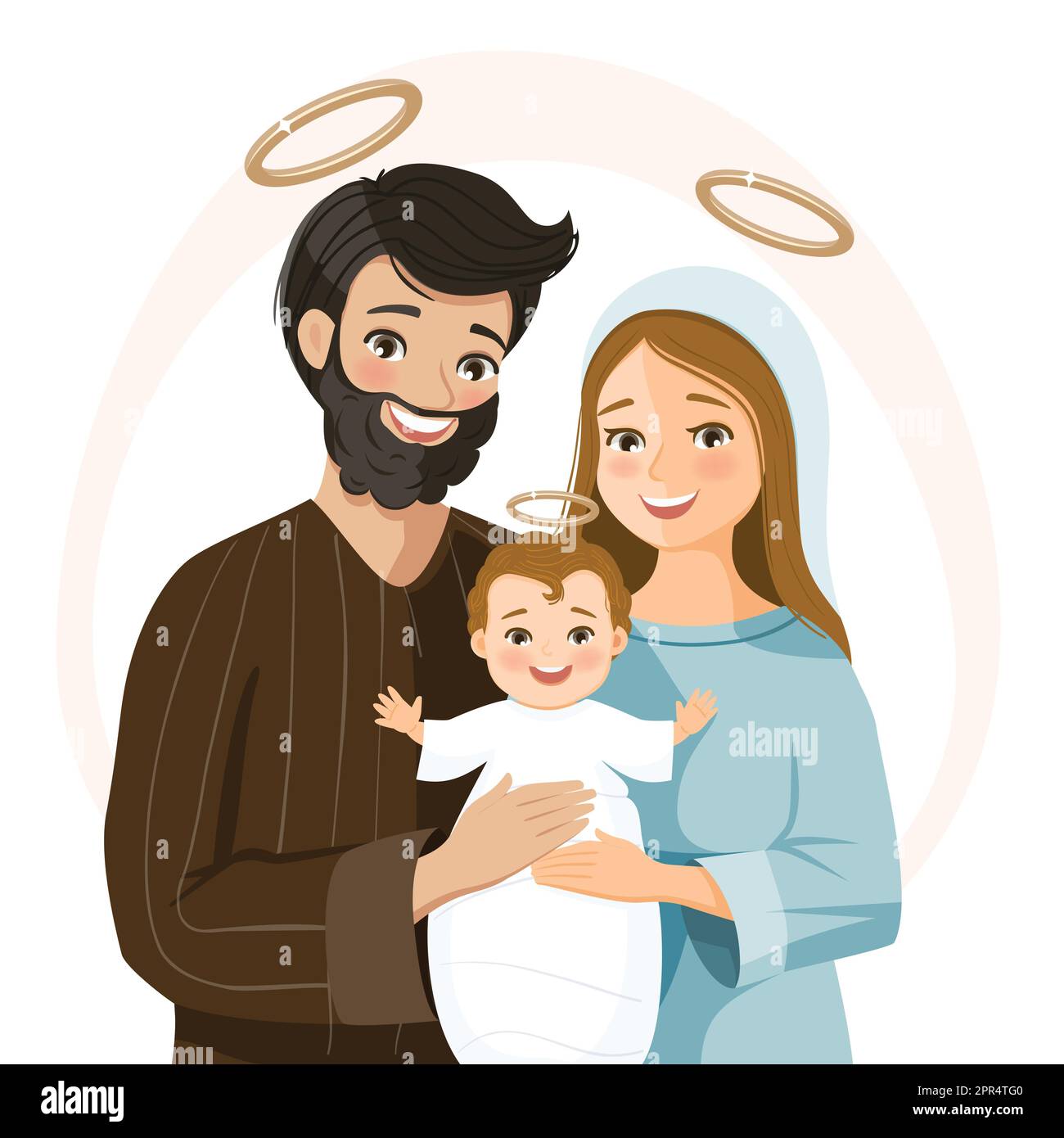 Lächelnde heilige Familie. Geburtsszene. Geburt Christi. Weihnachtszeit Stock Vektor