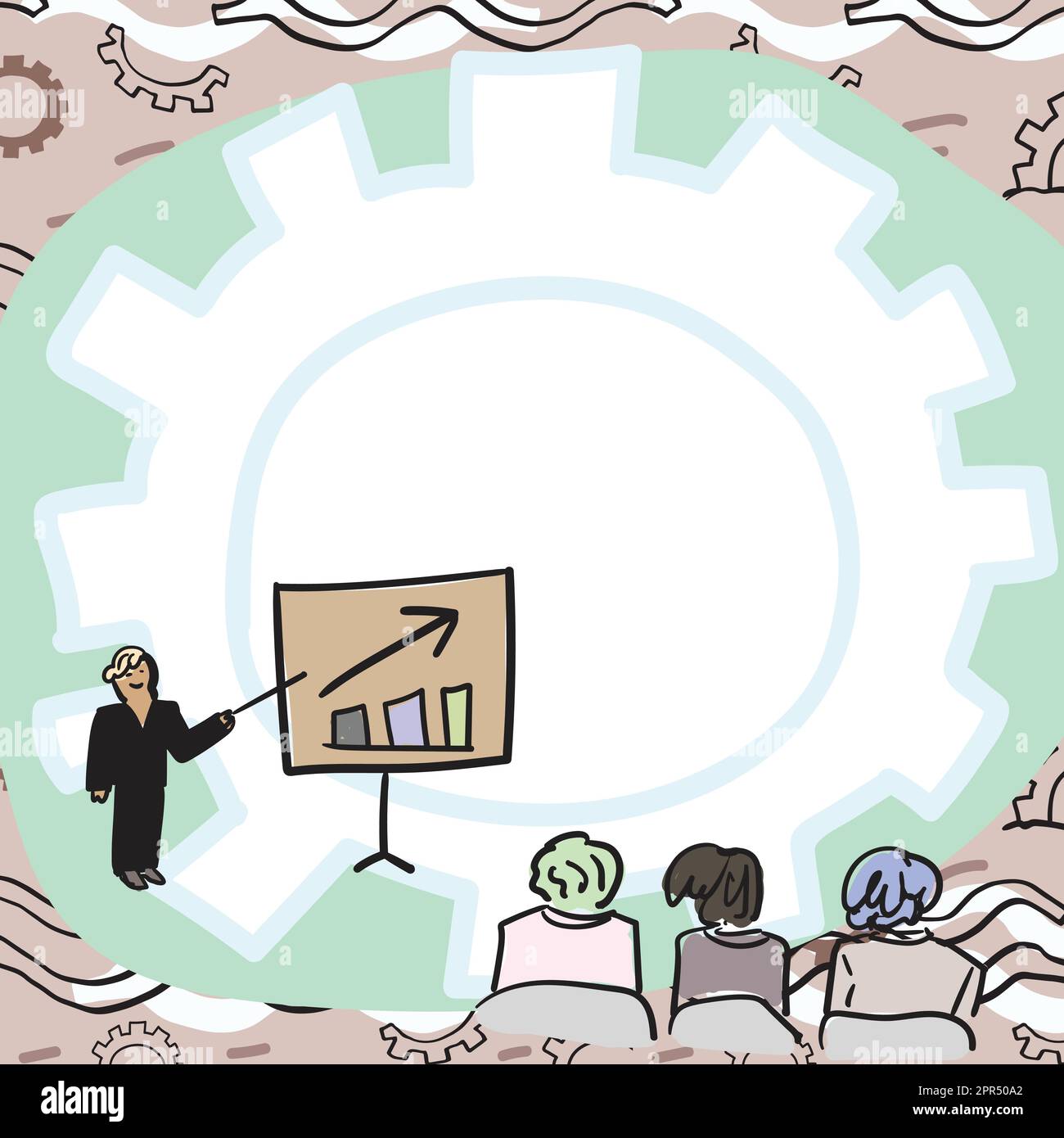 Die Teammitglieder Betrachten Das Whiteboard, Das Neue Lösungen Für Das Verkaufswachstum Darstellt. Colleague Group Betrachtet Die Fähigkeit Des Vorstands, Probleme Zu Lösen, Im Vergleich Zu Gear Background. Stock Vektor