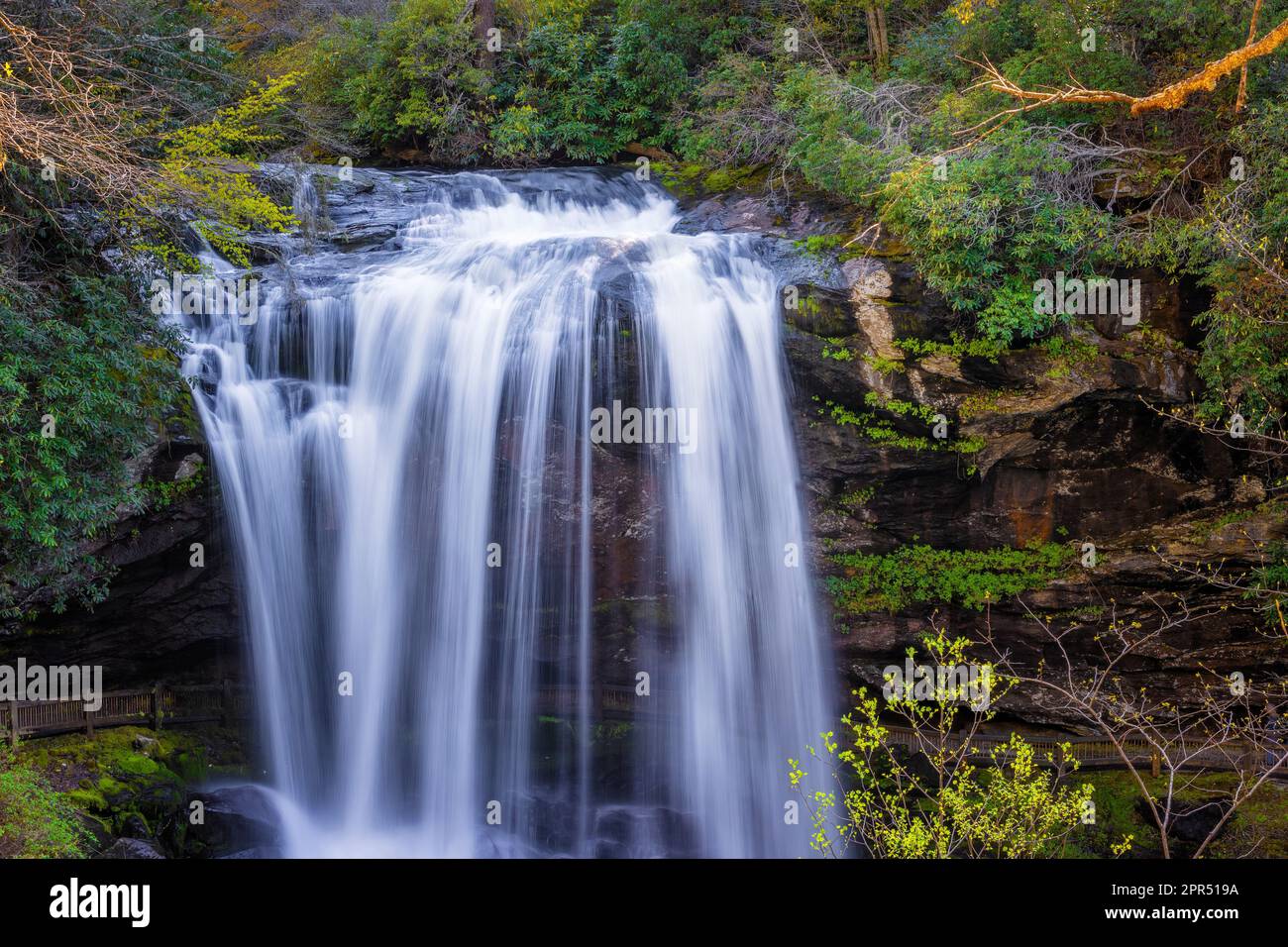 Frühling bei den Dry Falls am Cullasaja River auf der Panoramastraße zwischen Franklin und den Highlands, North Carolina, USA Stockfoto