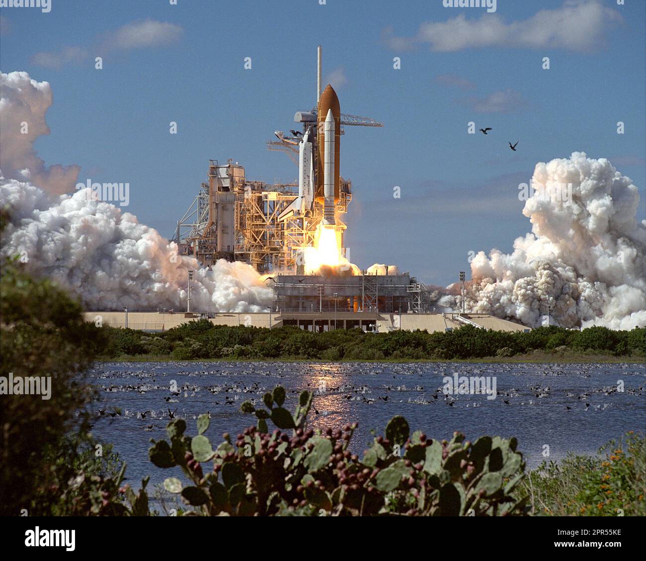Hunderte von Vögel streuen als die typischen ruhigen Träumerei des Tages werden durch das Brüllen eines Space Shuttle aus dem Pad wogenden vorübergehend unterbrochen. Der Orbiter Atlantis kehrte nach Raum nach einer ca. zweijährigen Abwesenheit mit einem abheben aus Launch Pad 39 b am 11:59:43 Uhr EST. Die geplante 11-tägigen Flug des Space Shuttle Mission STS-66 weiterhin NASA Mission zum Planetenerde, eine umfassende internationale Zusammenarbeit zu studieren wie Umwelt verändert und wie die Menschen, dass der Wandel beeinflussen. Primäre Nutzlasten für das letzte Shuttle-Flug von 1994 enthalten die atmosphärische Labor Stockfoto
