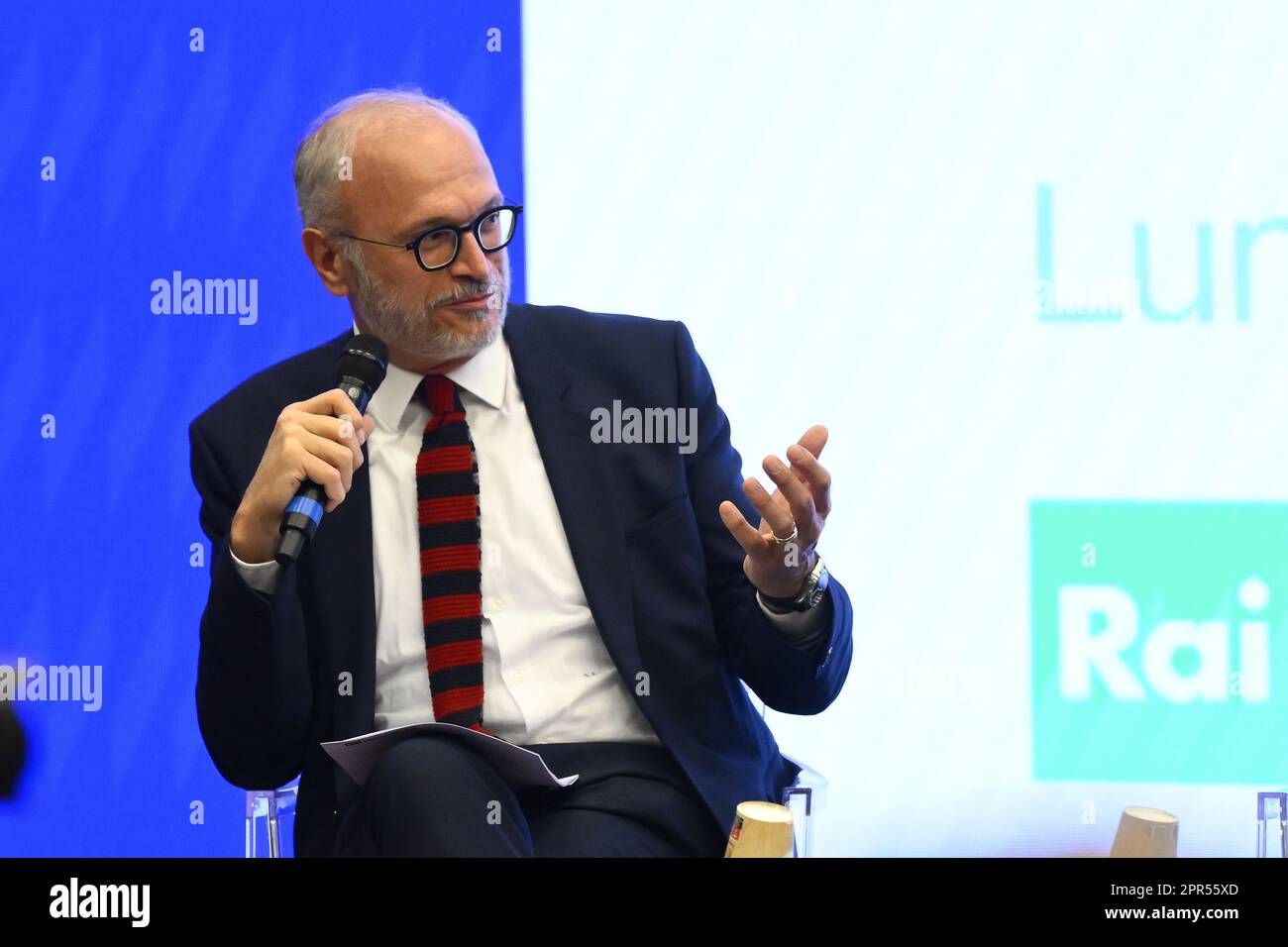 Rom, Italien. 26. April 2023. Anlässlich der Pressekonferenz zum Konzert am 1. Mai, bei Studies of the RAI Italian Radio Television, 26. April 2023, Rom, Italien (Foto: Domenico Cippitelli/LiveMedia/LiveMedia/Sipa USA). Kredit: SIPA US/Alamy Live News Stockfoto