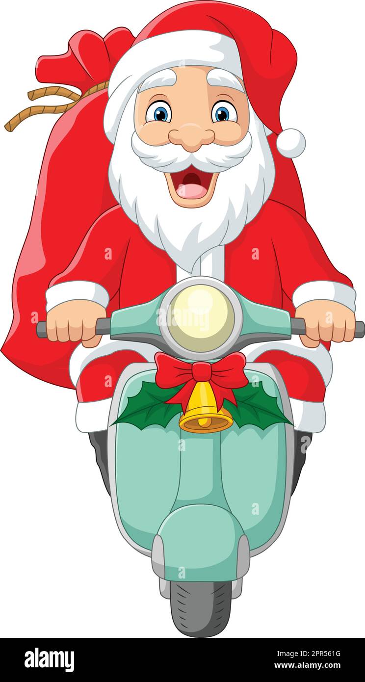 Cartoon santa claus auf einem Motorroller mit rotem Sack Stock Vektor