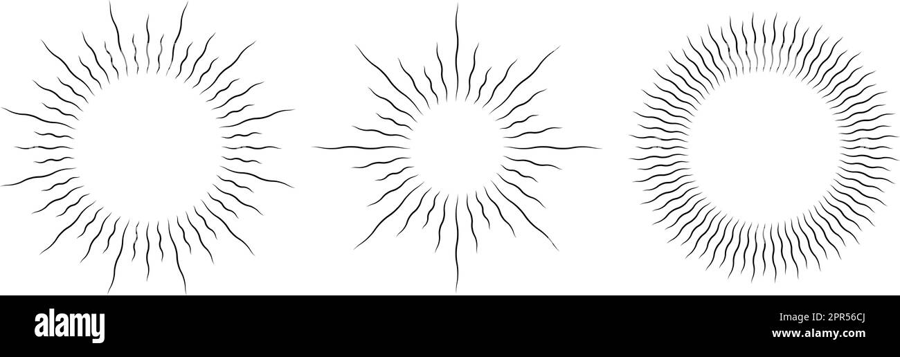 Gebogene Retro-Kollektion mit Sonnenschein. Verformte kreisförmige Sonnenstrahlen. Klassische wellenförmige Sonnenbalken für Logo, Etiketten, Abzeichen, Banner. Vektor Stock Vektor