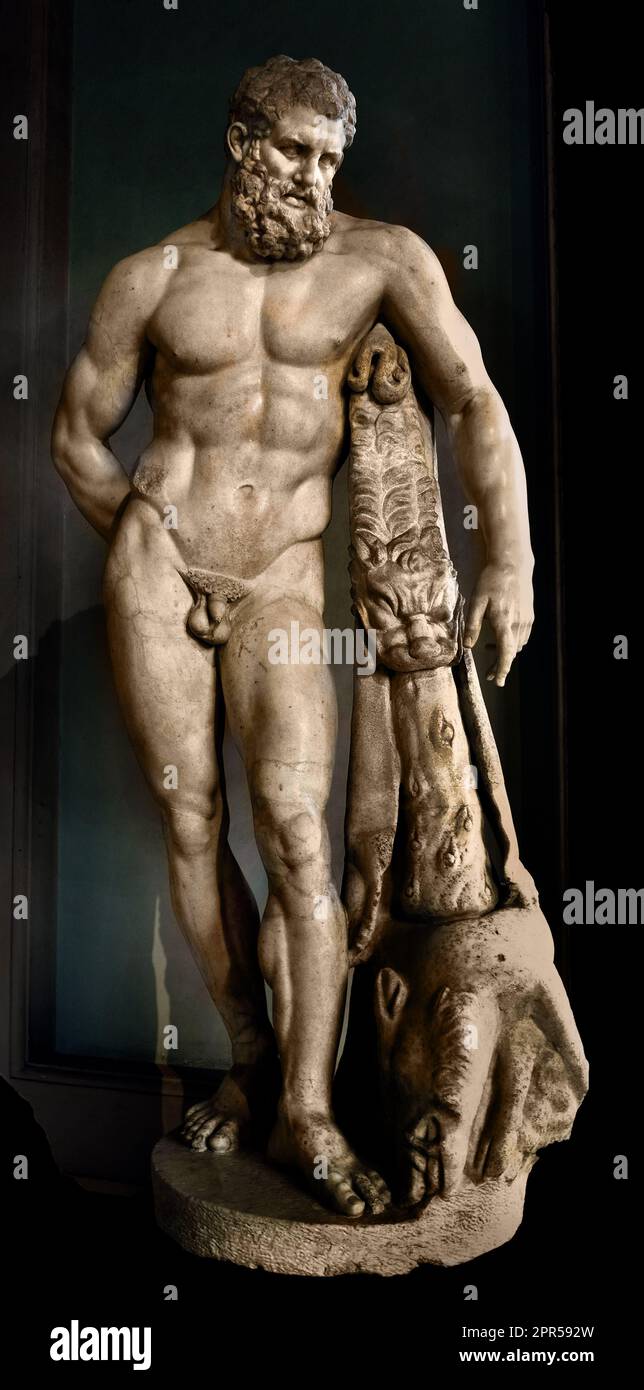 Farnese Hercules 2. Jahrhundert n. Chr. Herkunft Vila de Medici Florenz Galleria degli Uffizien, Italien, Italien, Toskana, 151 cm (Höhe) Carrara-Marmor (Hercules, ruht einen Moment lang von seinen berühmten zwölf Werken, auf einem Club mit Löwenhaut, während seine rechte Hand hinter seinem Rücken, hält die Äpfel, die er im Garten der Hesperiden pflückte, nachdem er die Welt auf seinen Schultern gehalten hatte, an ihn durch Atlas. ) Stockfoto