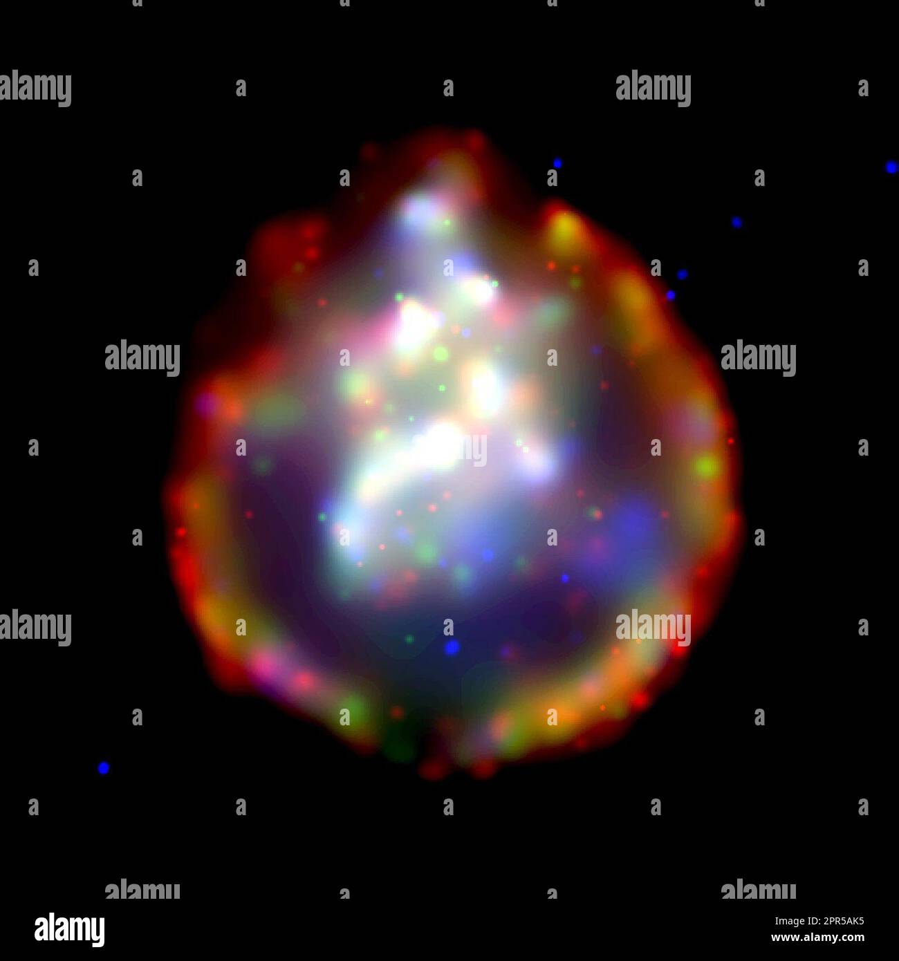 Sein beeindruckendes Bild vom Chandra Röntgenobservatorium von Supernova-Überresten SNR0103-72,6 zeigt einen fast perfekten Ring mit einem Durchmesser von etwa 150 Lichtjahren, der eine mit Sauerstoff angereicherte und auf Millionen von Grad Celsius erwärmte Gaswolke umgibt. Der Ring markiert die äußeren Grenzen einer Stoßwelle, die entsteht, wenn Material, das in die Supernova-Explosion geschleudert wird, mit dem interstellaren Gas kollidiert. Stockfoto