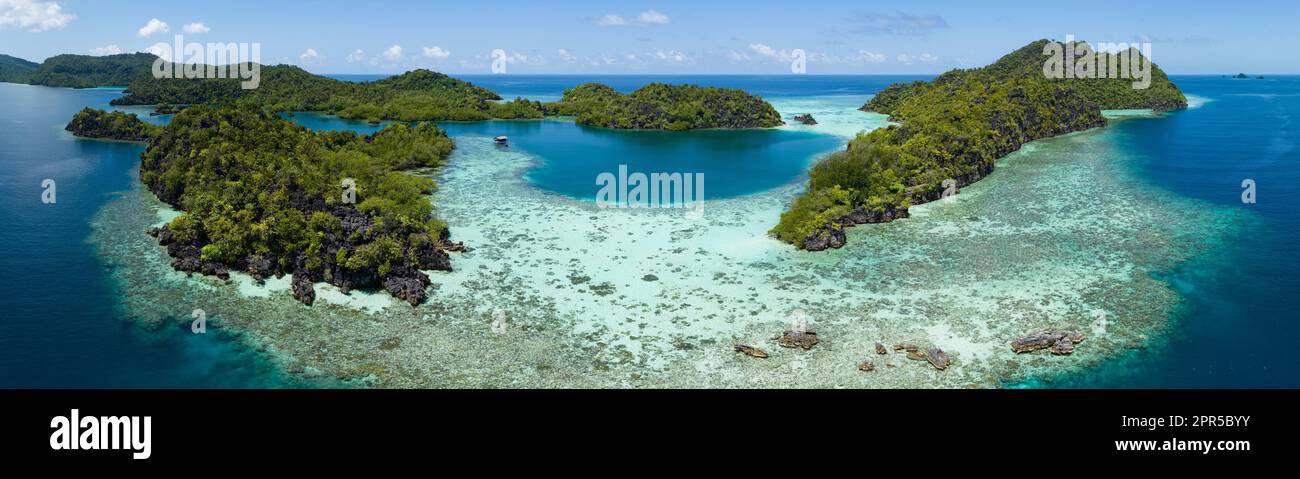 Wunderschöne und vielfältige Korallenriffe umgeben die dramatischen Kalksteininseln, die sich aus Raja Ampats vielfältiger Meereslandschaft erheben. Stockfoto