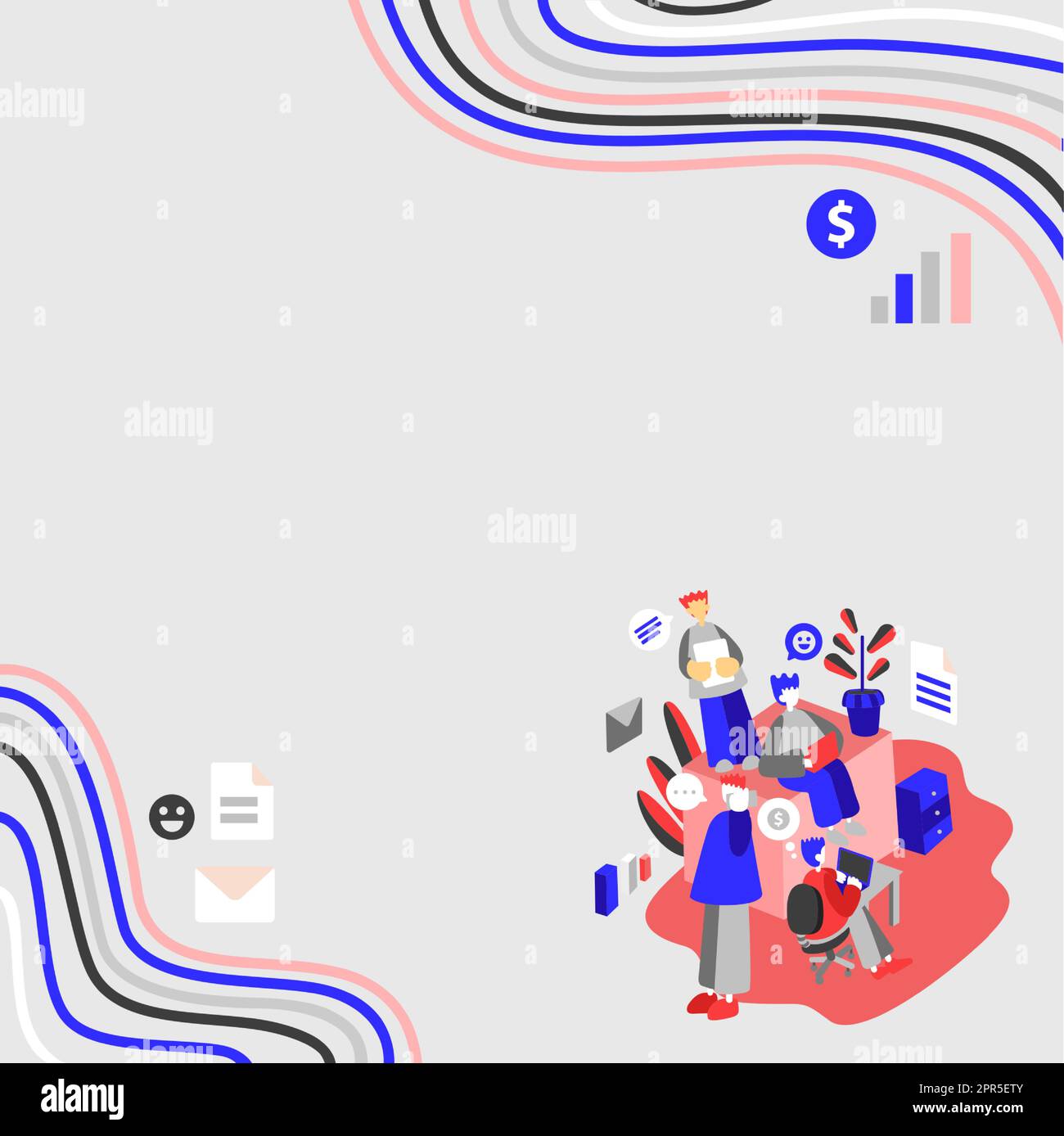 Geschäftsleute, Die Auf Lap Tops Zusammenarbeiten, Einer Telefoniert. Gruppe Von Vier Freunden Im Büro, Die Arbeiten, Zwei Am Computer, Andere Am Handy, Letzte Anordnung Von Dokumenten. Stock Vektor