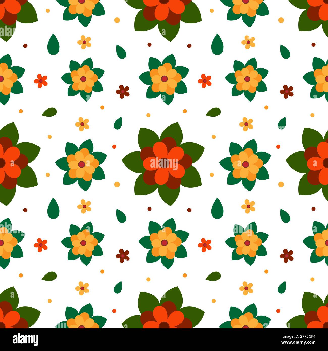 Nahtloses Blumenmuster, nahtloser Blumenmuster auf dem Hintergrund. Dieses Muster hat orangefarbene Blumen mit grünen Blättern Stockfoto