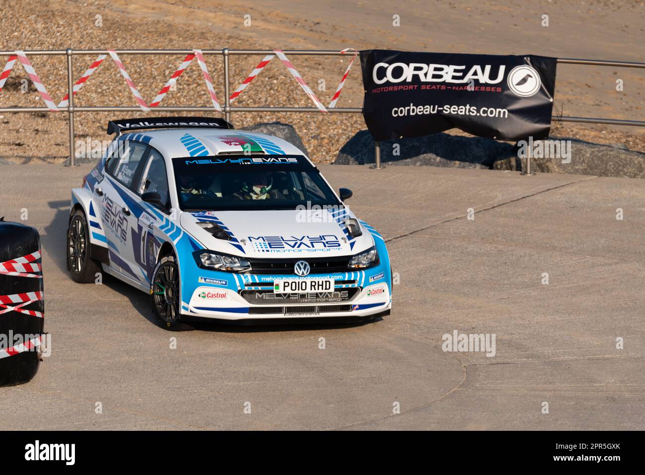 Melvyn Evans, die an der Corbeau Seats Rallye am Meer in Clacton on Sea, Essex, Großbritannien teilnimmt. Volkswagen Polo GTI R5 mit Aled Davies Stockfoto