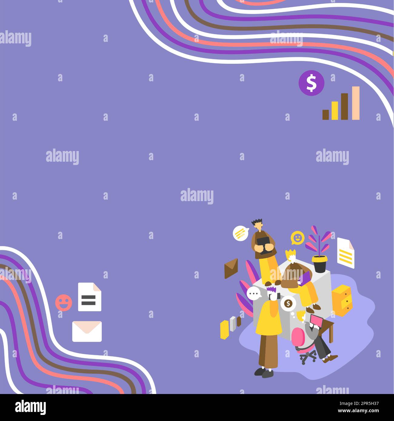 Geschäftsleute, Die Auf Lap Tops Zusammenarbeiten, Einer Telefoniert. Gruppe Von Vier Freunden Im Büro, Die Arbeiten, Zwei Am Computer, Andere Am Handy, Letzte Anordnung Von Dokumenten. Stock Vektor