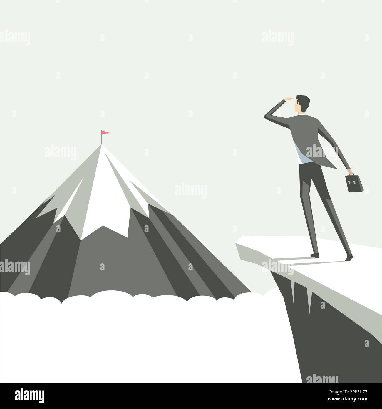 Man on A Mountain Drawing ist stolz auf seinen Erfolg beim Klettern in die Wolken. Athlet on A Cliff feiert Erfolg beim Aufstieg nach oben. Der Sportler Erreicht Den Himmel. Stock Vektor