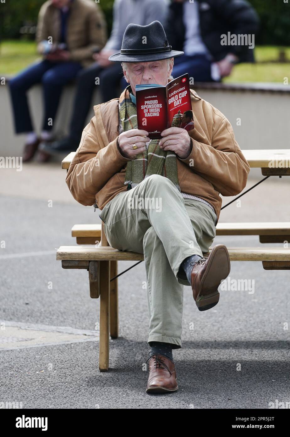 Am zweiten Tag des Punchestown Festivals auf der Punchestown Racecourse in County Kildare, Irland, studiert ein Rennfan die Form. Bilddatum: Mittwoch, 26. April 2023. Stockfoto