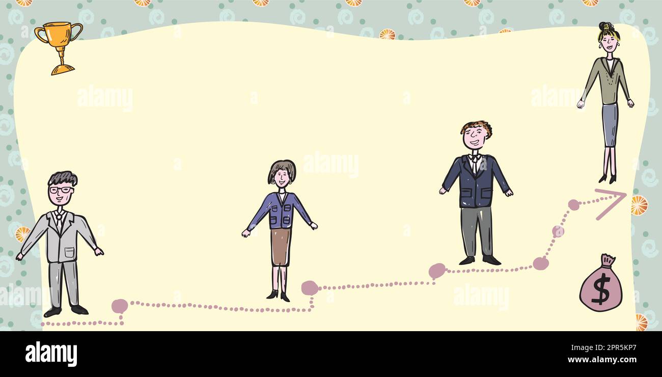 Das Business-Team Steht Auf Der Treppe Zum Erfolg Mit Trophäe Und Geldbeutel An Den Seiten. Geschäftsmänner Und Geschäftsfrauen, Die Eine Wichtige Entwicklungsbotschaft Präsentieren. Stock Vektor