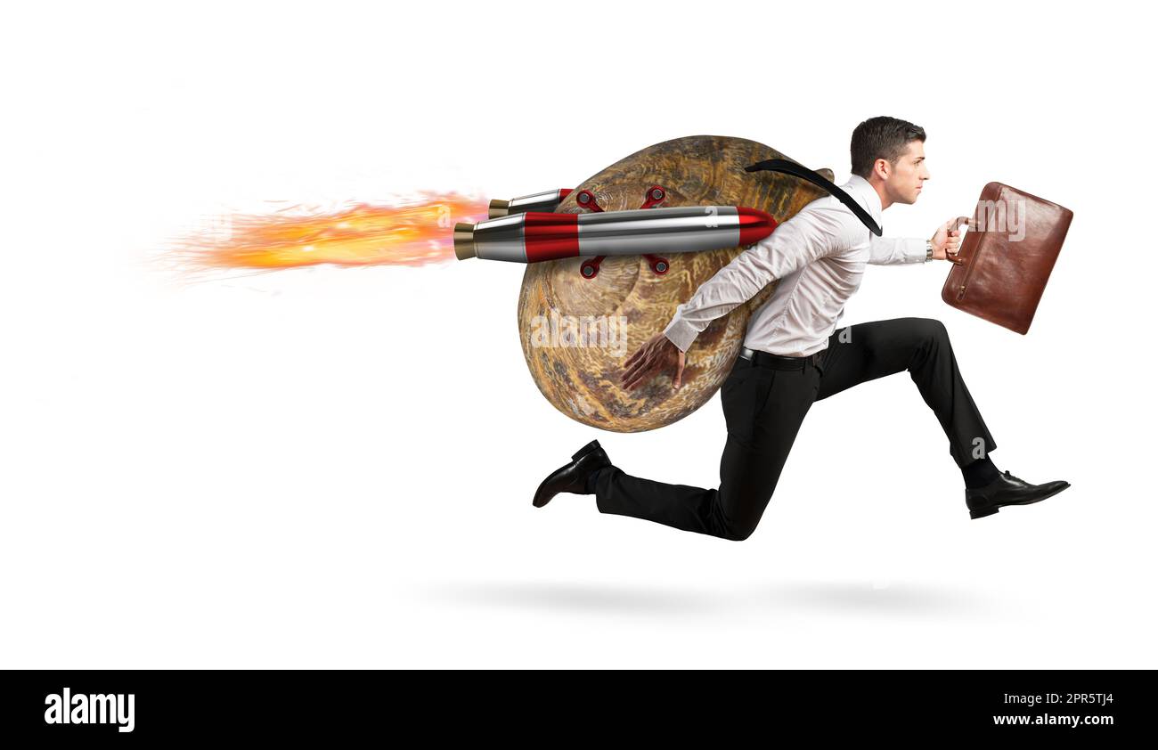 Ein Geschäftsmann wie ein langsamer ist schnell wie eine Rakete Stockfoto