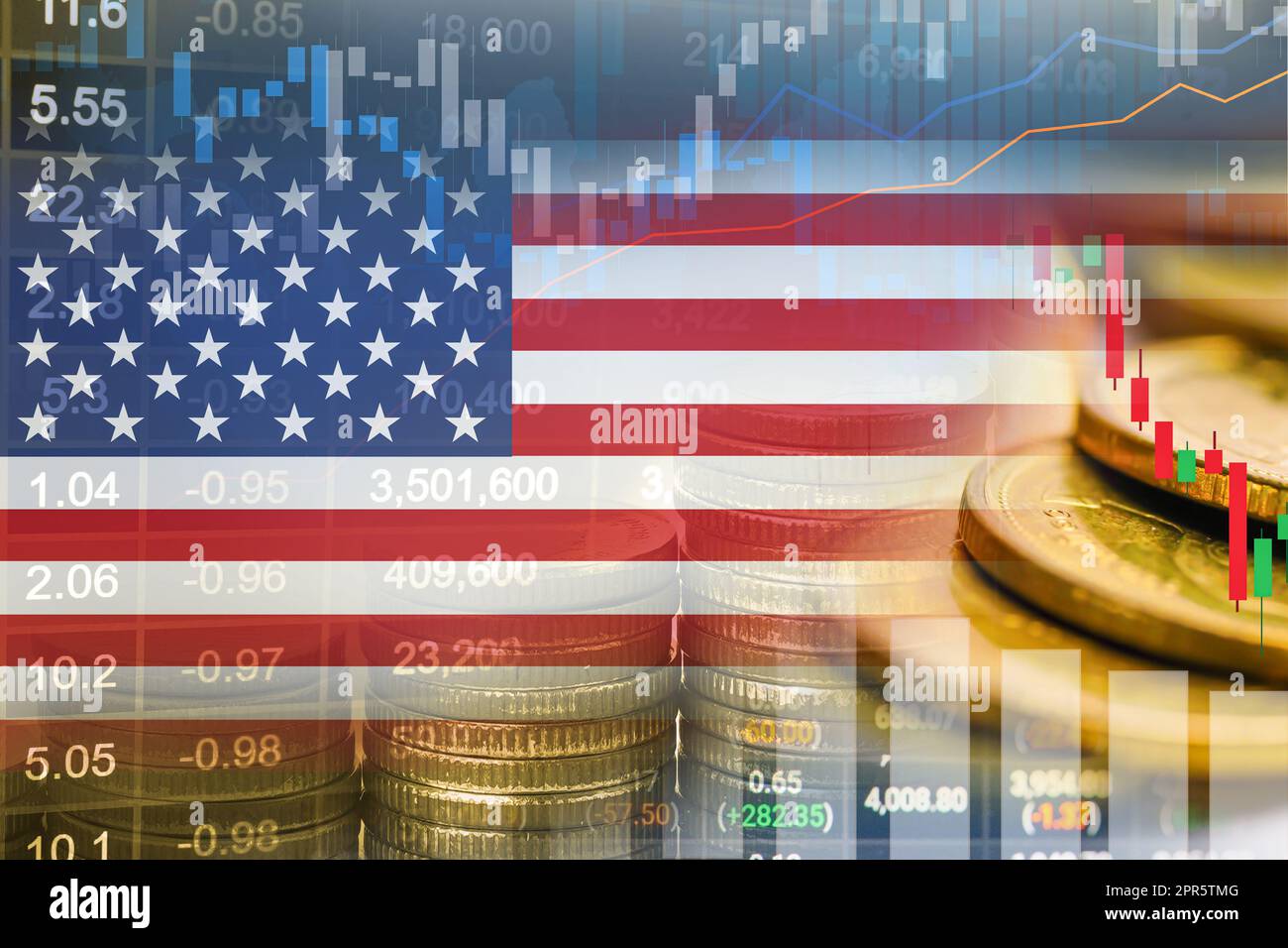 Börse-Investment-Trading Financial, Coin und USA America Flag oder Forex for Analyze Profit Finance Business Trend Data Background. Stockfoto