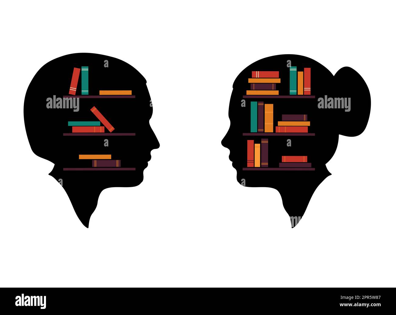 Ein Buch im menschlichen Kopf. Denken an Lernen, nützliche Informationen in Form von Büchern in Silhouette des Kopfes. Stockfoto