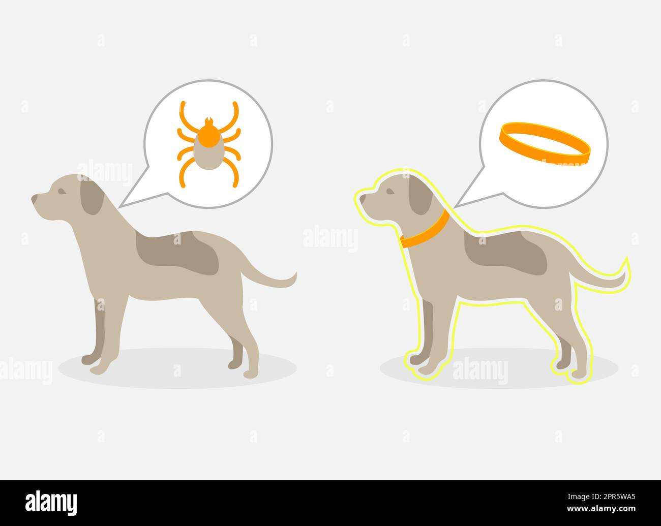 Vektor-Illustration Welpe Hund fühlt sich schlecht von einem Zeckenbiss. Zeckensaison, Hundepflege. Hund fühlt sich gut nach besonderen Stockfoto