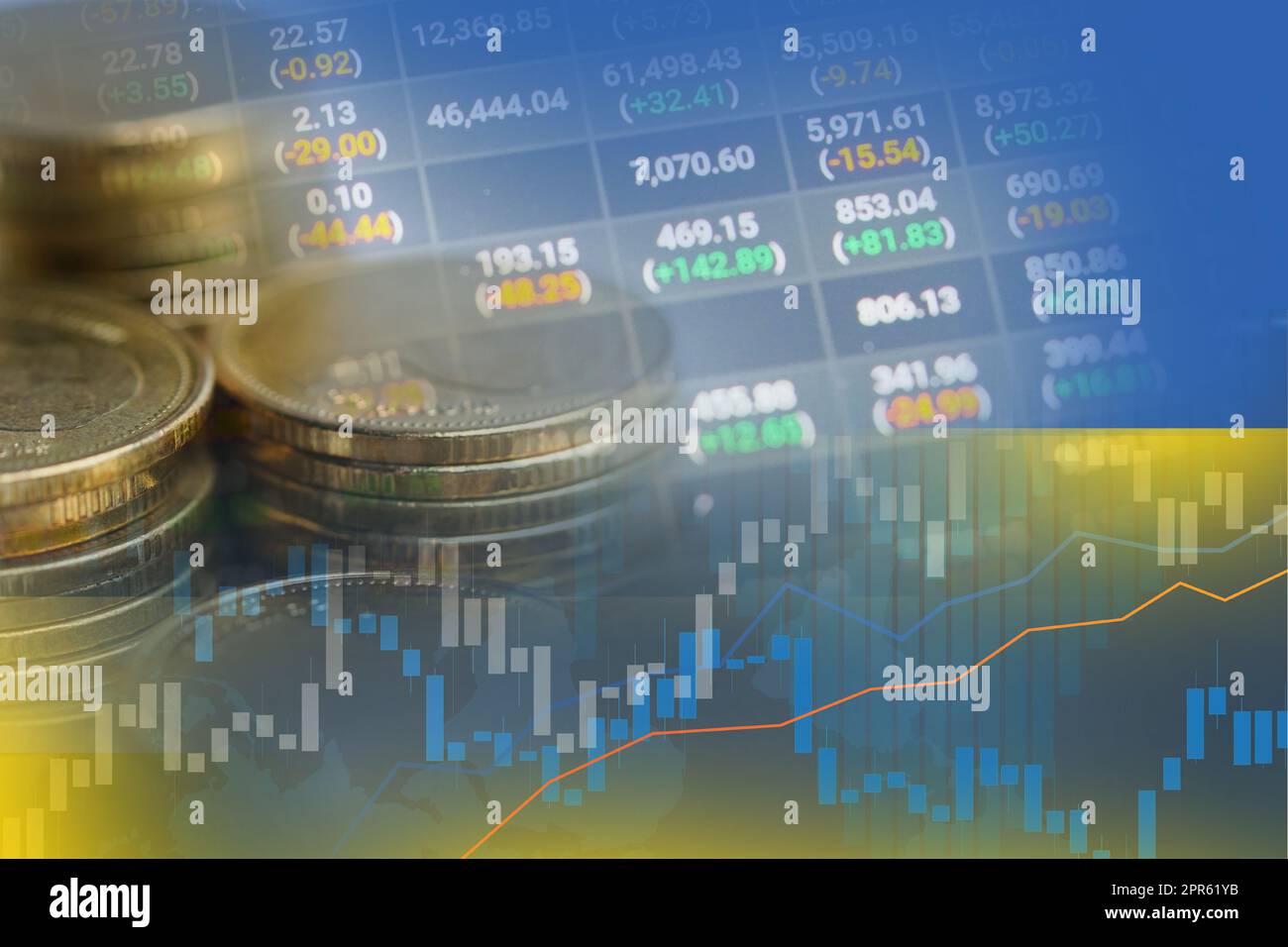 Aktienmarkt Investment Trading Finanz-, Münze und Ukraine Flagge oder Forex für die Gewinnfinanzierung Geschäft Trend Daten Hintergrund analysieren. Stockfoto