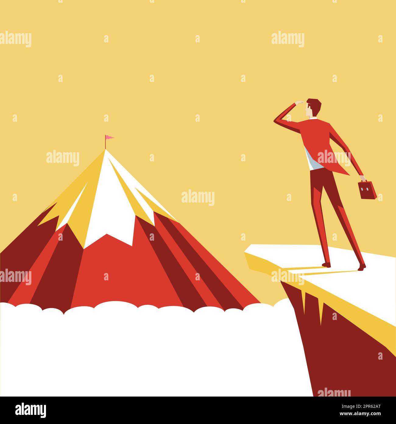 Man on A Mountain Drawing ist stolz auf seinen Erfolg beim Klettern in die Wolken. Athlet on A Cliff feiert Erfolg beim Aufstieg nach oben. Der Sportler Erreicht Den Himmel. Stock Vektor