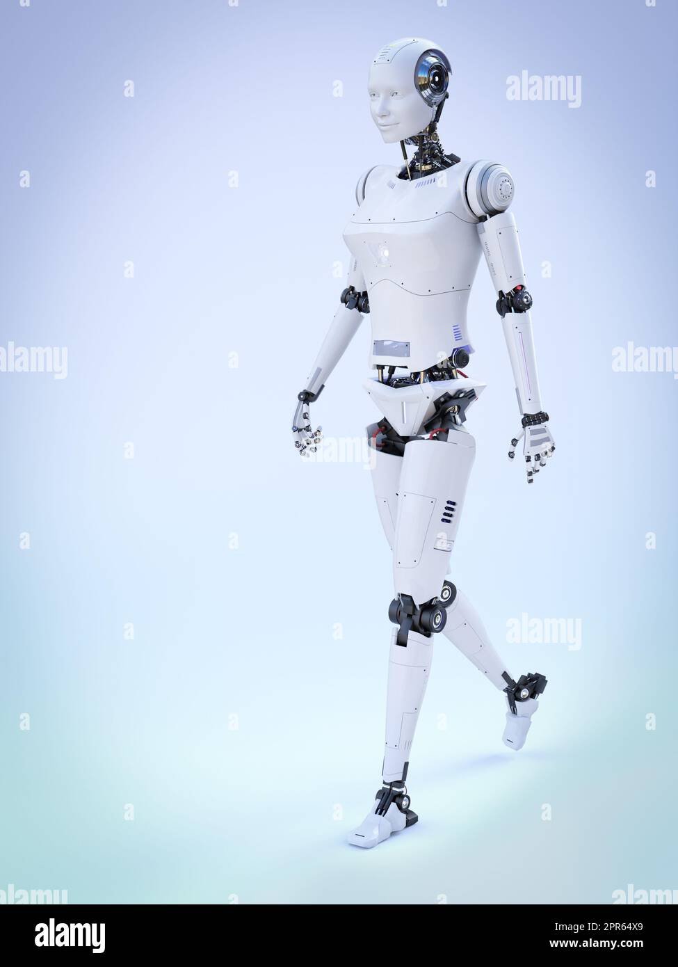 3D Rendering einer lächelnden android-Roboter Frau zu Fuß. Bläulicher Hintergrund. Künstliche Intelligenz oder virtuelles Assistentenkonzept. Stockfoto