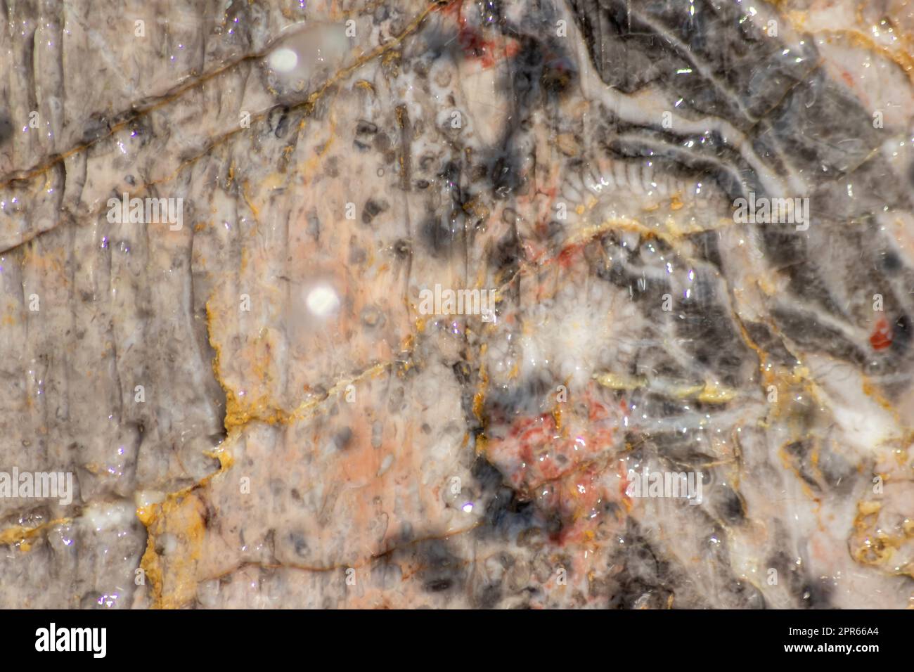 Natürliche Marmorstruktur und Marmorhintergrund mit Makrodetails aus Mineralstein für Luxusfußböden und elegantes Marmordesign für Bad- und Gartenböden mit detaillierter Marmoroberfläche Stockfoto