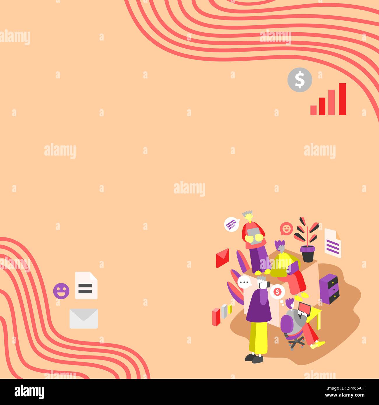 Geschäftsleute, Die Auf Lap Tops Zusammenarbeiten, Einer Telefoniert. Gruppe Von Vier Freunden Im Büro, Die Arbeiten, Zwei Am Computer, Andere Am Handy, Letzte Anordnung Von Dokumenten. Stock Vektor